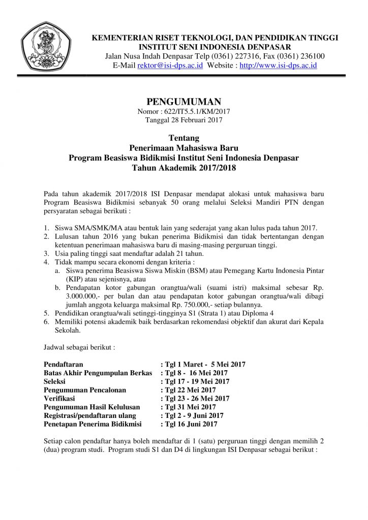 Penerimaan Mahasiswa Baru  Program Beasiswa Bidikmisi Institut Seni Indonesia Denpasar Tahun Akademik 2017/2018