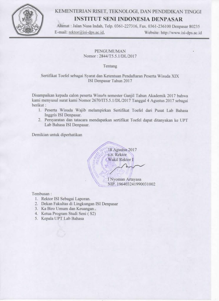 Pendaftaran Peserta Wisuda XIX Tahun 2017 & Syarat Sertifikat TOEFL
